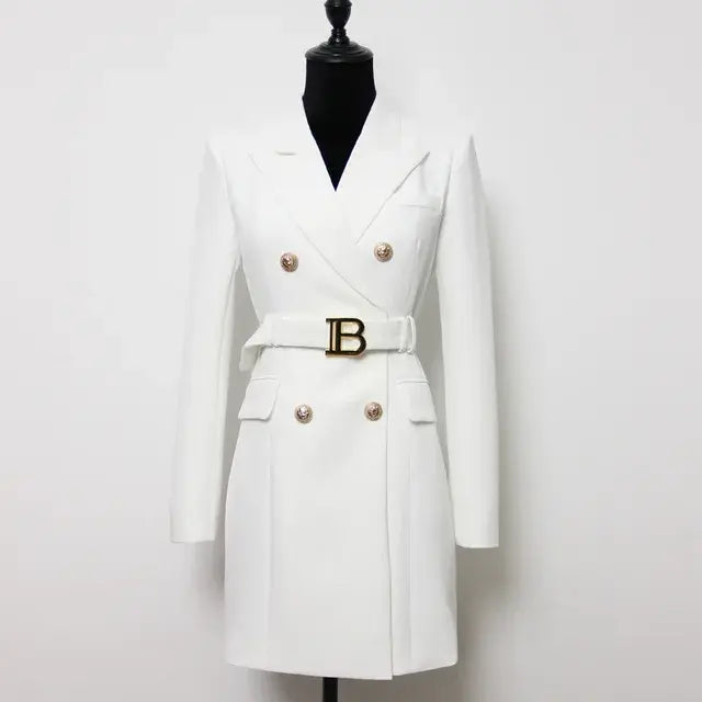 JUNE LIPS 2022 Top Quality Women Blue White Red Green Brown OL Office Blazer Dress with Belt Spring Design New Luxury Buttons