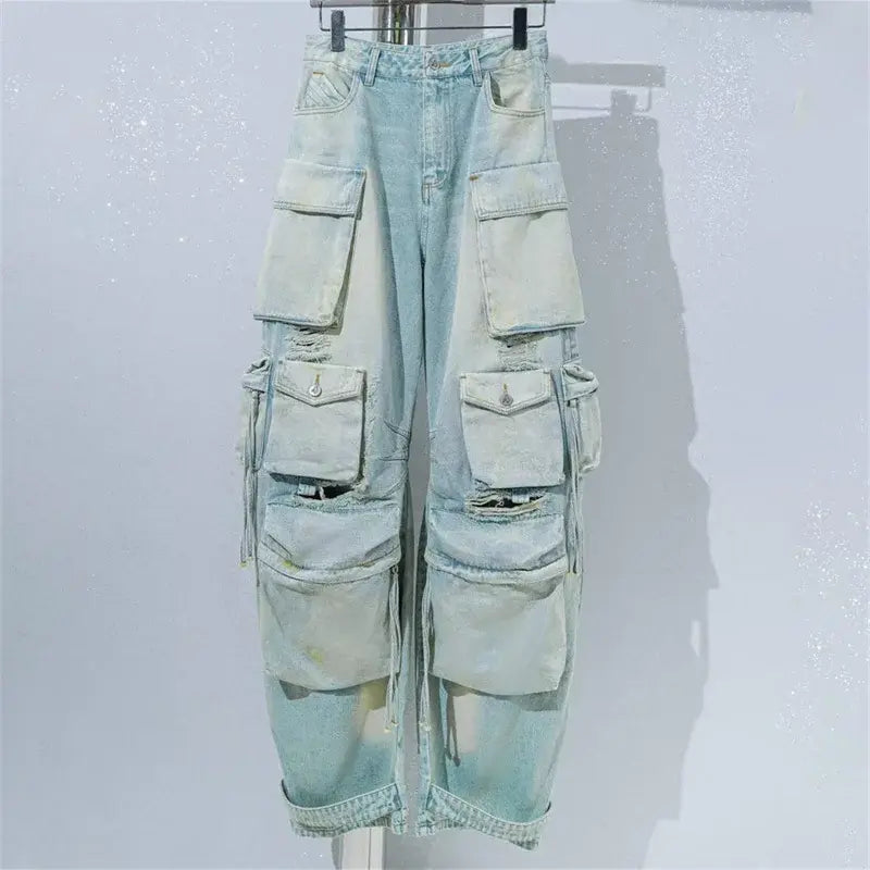 Spring 2024 New in Women's Jeans Washed Process  Fashion Worn-out Cargo Pants Big Name Cotton Straight Trousers y2k Clothes