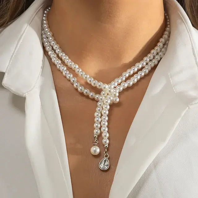 Women Elegant Pearl Clavicle Chain Collares Ladies Short Pendant Necklaces Earrings Choker Jewelry set