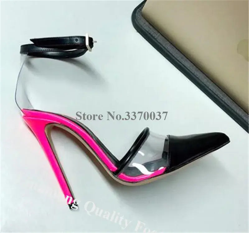 Linamong Newest Pointed Toe Patchwork PVC Stiletto Heel Pumps Mixed-colors Transparent Cut-out High Heels Sexy Dress Heels