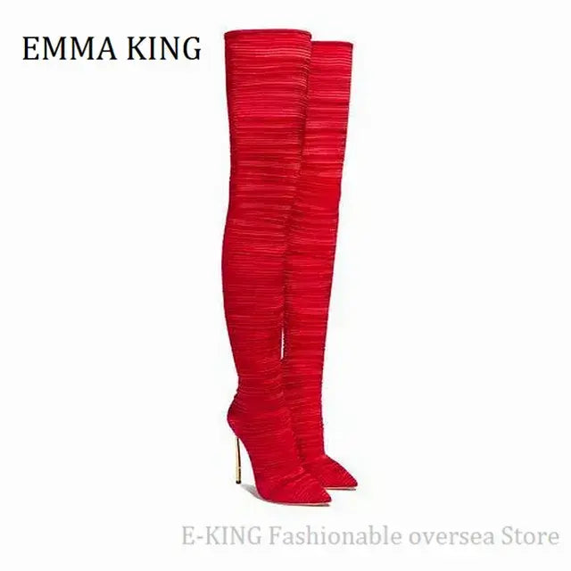 2020 Comfortable Stretch Fabric Sock Boots 12cm Metal Heels Over the Knee Thigh High Boots Sexy Point toe Stilettos Long Botas