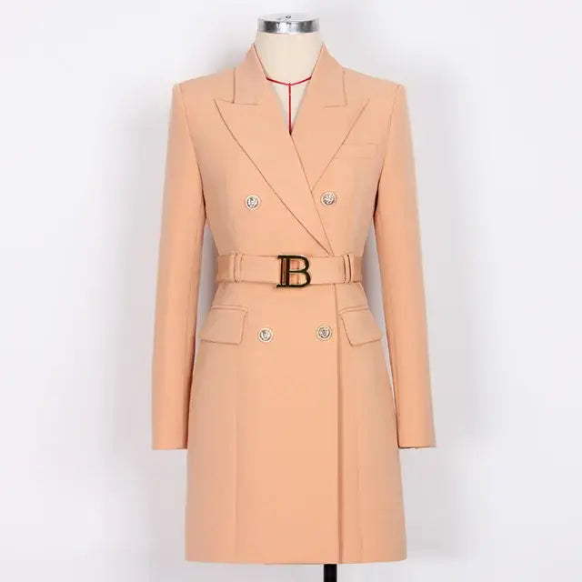 JUNE LIPS 2022 Top Quality Women Blue White Red Green Brown OL Office Blazer Dress with Belt Spring Design New Luxury Buttons