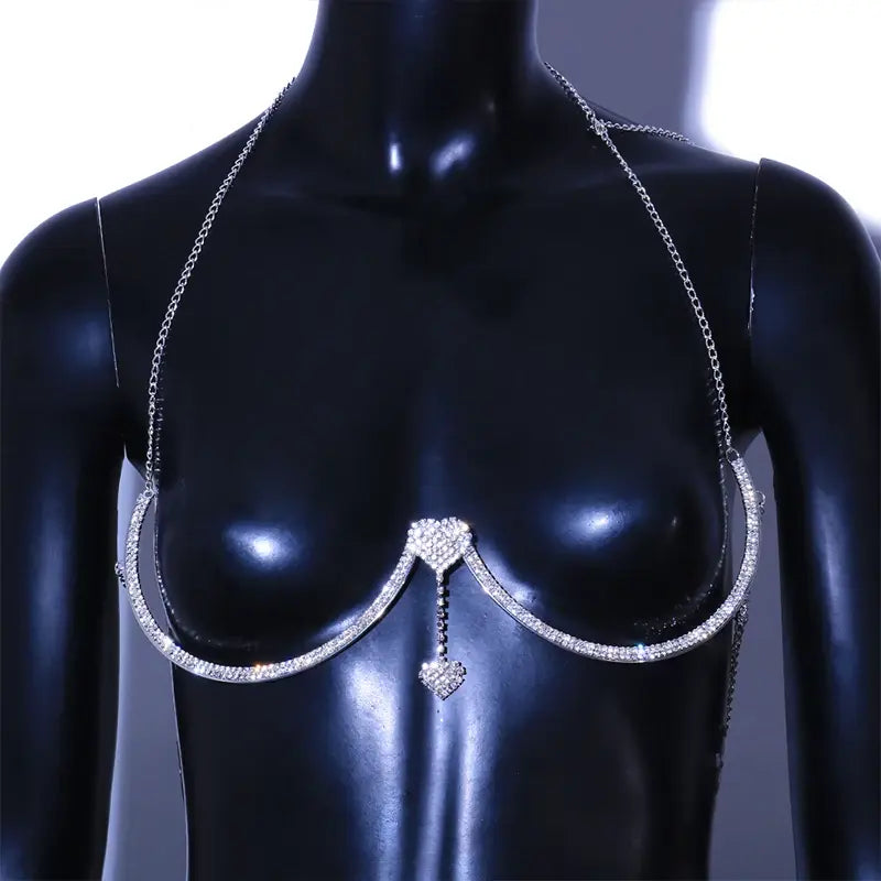 Chest Bracket Double Pendant Heart Bras Chain Necklace Body Jewelry Rhinestone Top Fashion Gift Beach Bikini Swimwear 2022 Women