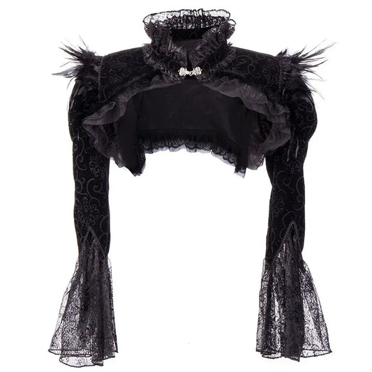 Black Victorian Gothic Bolero Women Jacket with Feathers Stand Collar Long Sleeve Lace and Corduroy Jackets Jaqueta Feminina