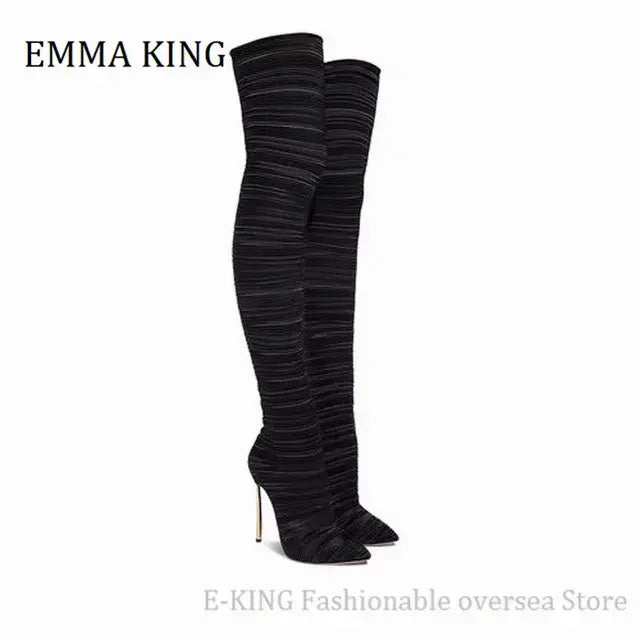 2020 Comfortable Stretch Fabric Sock Boots 12cm Metal Heels Over the Knee Thigh High Boots Sexy Point toe Stilettos Long Botas