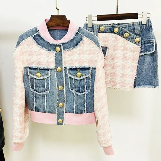 Newest 2024 Designer Suit Set Women's Lion Buttons Houndstooth Tweed Denim Patchwork Tassel Fringed Jacket Mini Skirt Set 2PCS