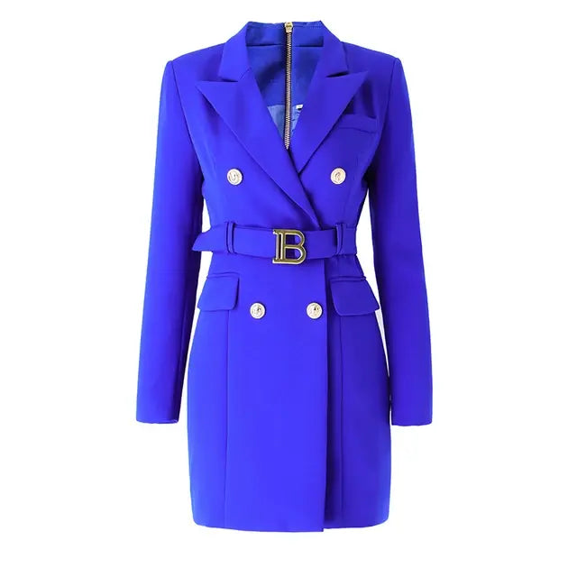 HarleyFashion Top Quality Women OL Office Blazer Dress with Belt Spring Design New Luxury Buttons