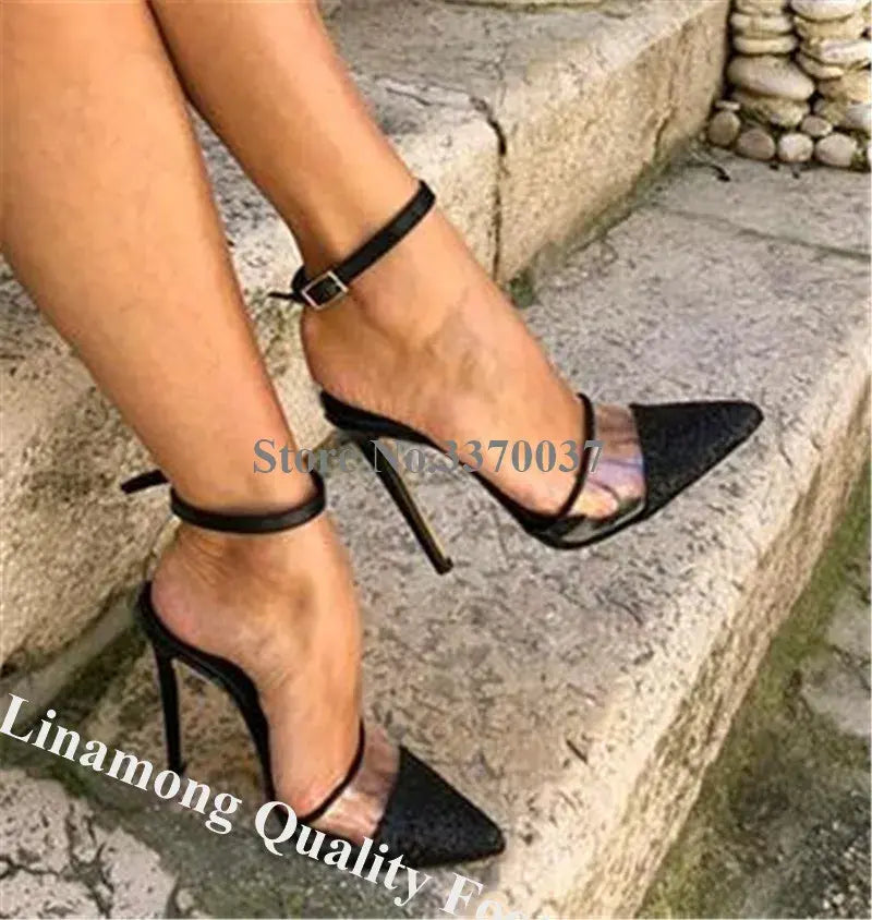 Linamong Newest Pointed Toe Patchwork PVC Stiletto Heel Pumps Mixed-colors Transparent Cut-out High Heels Sexy Dress Heels