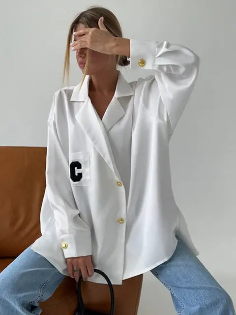 Jyate Fashion Woman Blouses 2024 Elegant Lapel Long Sleeve Office Lady Shirts Casual Loose White Pockets Tops Female Clothing