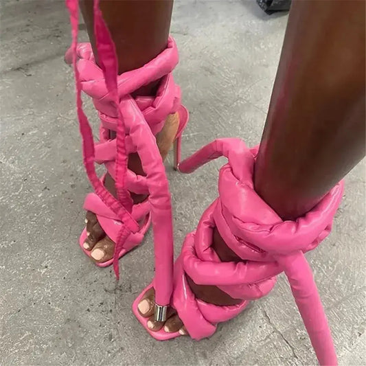 Brand Women Quality Feet Ring Winding Tape Sandals Fashion Walk Show Women's Shoes 2023 Summer New Square Toe High Heels Shoes