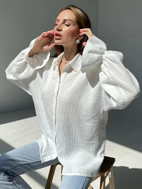 Jyate Fashion Woman Blouses 2024 Elegant Lapel Long Sleeve Office Lady Shirts Casual Loose White Pockets Tops Female Clothing