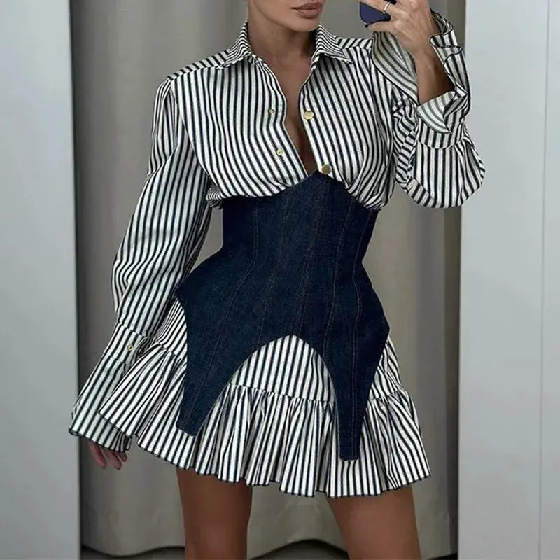 New Spring Office Long Sleeved Mini Dresses Elegant Striped Button Slim Shirt Dress Women's Casual Lapel Pleated Patchwork Dress