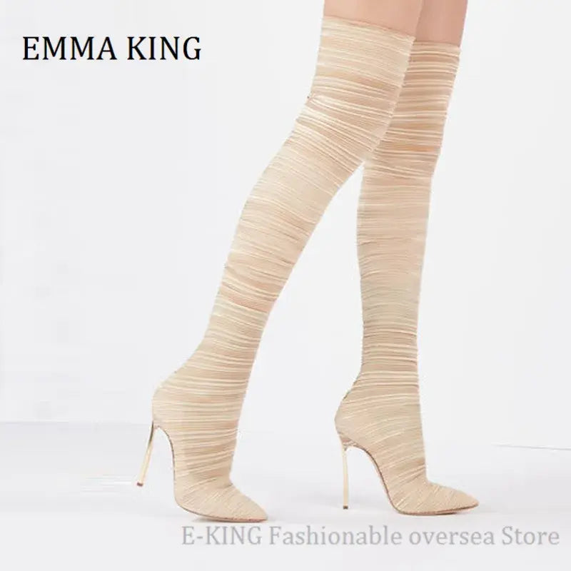 2020 Comfortable Stretch Fabric Sock Boots 12cm Metal Heels Over the Knee Thigh High Boots Sexy Point toe Stilettos Long Botas