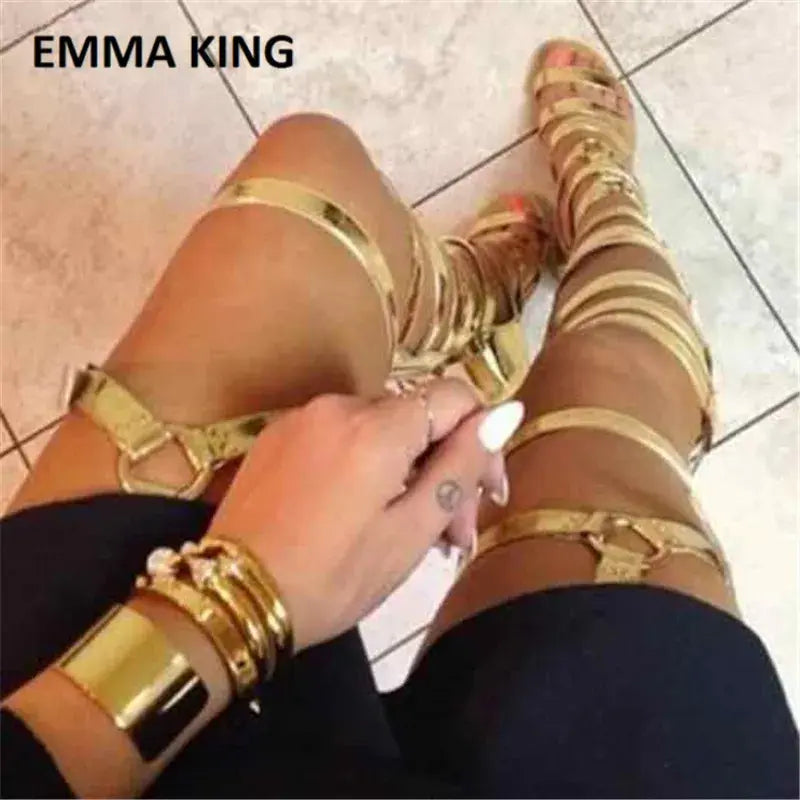 Summer Fashion Women Buckles Boots Over The Knee Boots Ladies Sexy Flat Boots Female Gladiator Boots Gold Leather Party Shoes