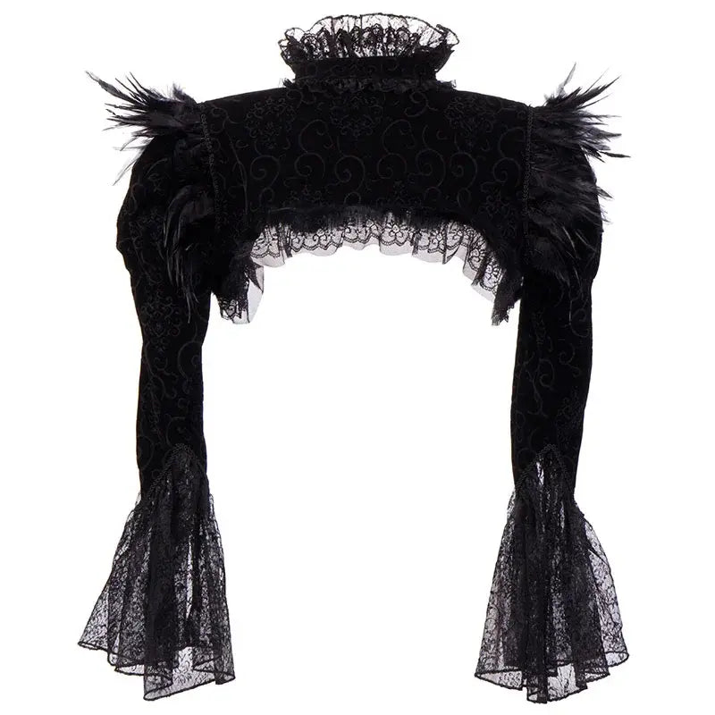 Black Victorian Gothic Bolero Women Jacket with Feathers Stand Collar Long Sleeve Lace and Corduroy Jackets Jaqueta Feminina