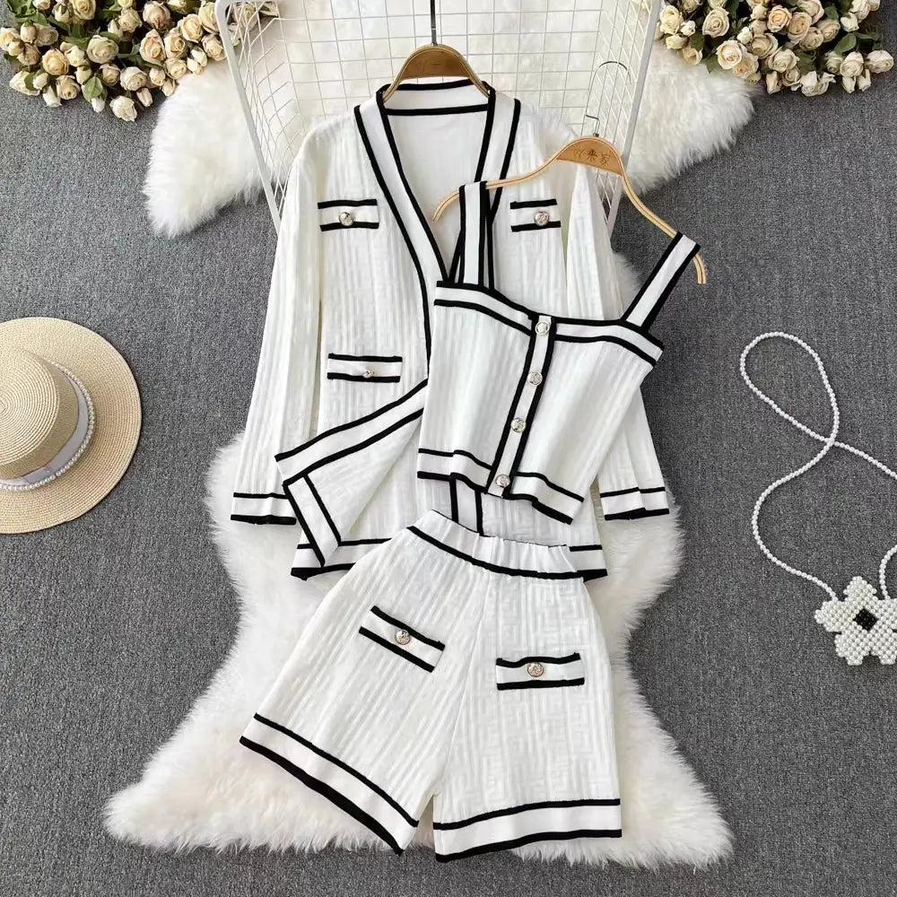 Women Sweater Pant Set 3 Pieces Casual Tank Cardigans Suits Autumn Winter Knitted Shorts OL Elegance Tops Elastic Sweaterpants