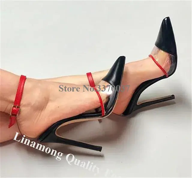 Linamong Newest Pointed Toe Patchwork PVC Stiletto Heel Pumps Mixed-colors Transparent Cut-out High Heels Sexy Dress Heels