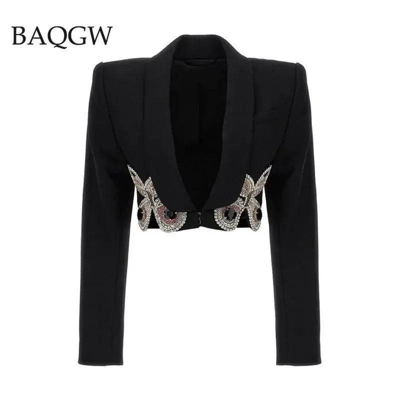 Rhinestone Bow Patchwork Black Pink Long Sleeves V-Neck Blazer Jacket and Skirt Sexy Two Piece Set Celebrity Party Luxury Sets