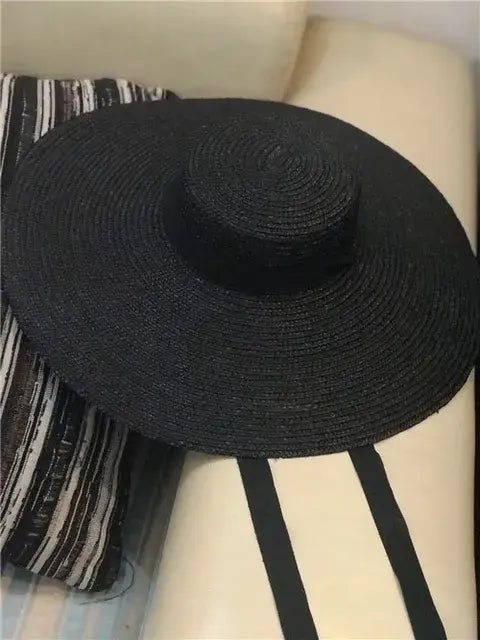 01811-axi summer natural handmade paper Designer style wind brim black leisure beach black ribbon lady fedoras cap  women  hat