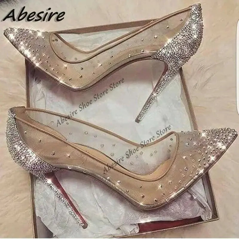 Abesire New Crystal Pumps Shallow Crystal Stilettos Solid Pumps Beige High Heels Woman Spring Shoes Fashion Party Sexy Big Size