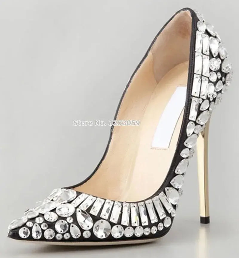 ALMUDENA Women Bling Bling String Beaded Wedding Shoes Silver Black Pointed Toe Banquet Party Shoes Glittering Dress Pumps