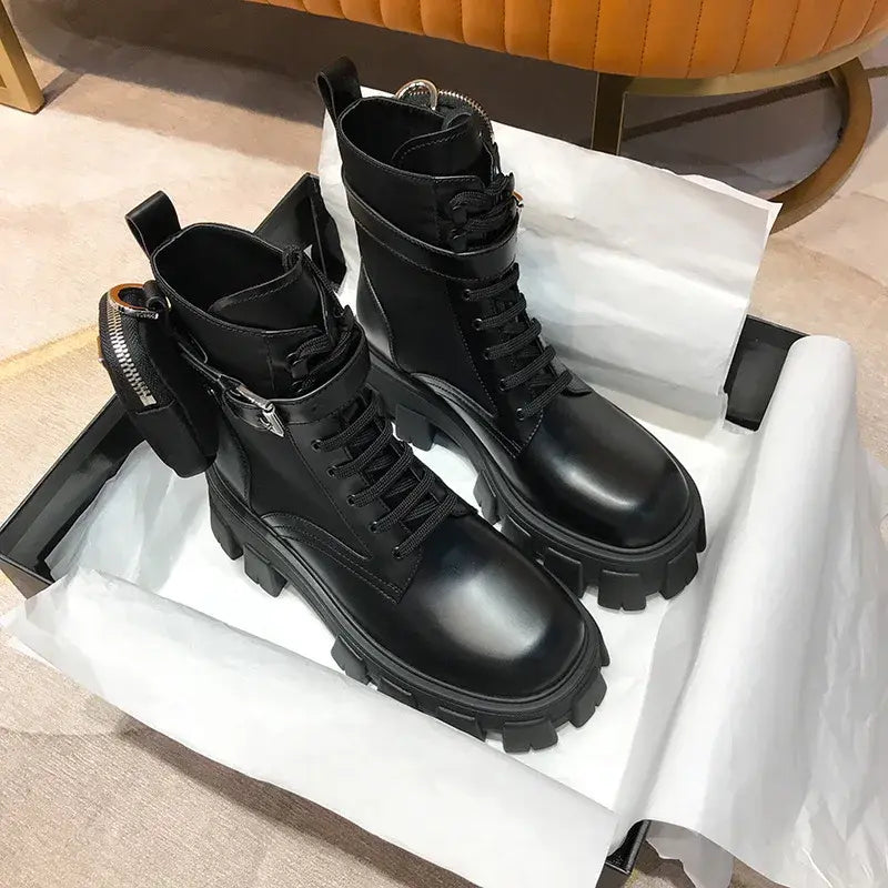 Black Punk Ankle Thick-soled Motorcycle Ankle Boots Women's Lace-up Spring Thick Heel Belt Buckle Pocket Designer Chunky Shoes