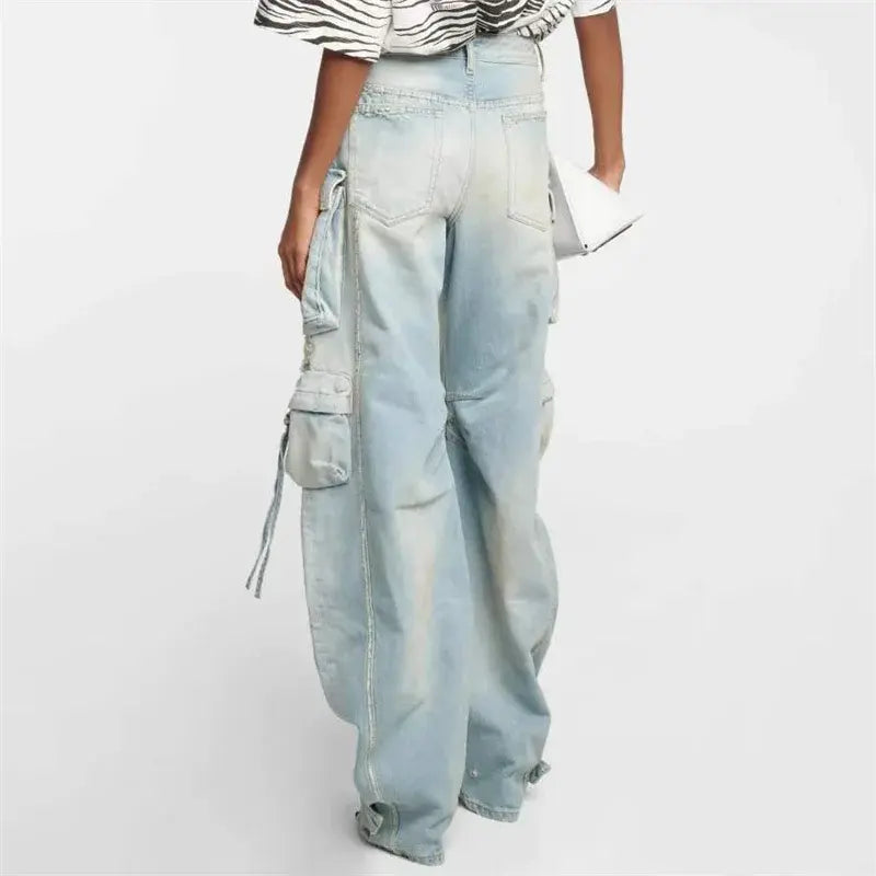 Spring 2024 New in Women's Jeans Washed Process  Fashion Worn-out Cargo Pants Big Name Cotton Straight Trousers y2k Clothes