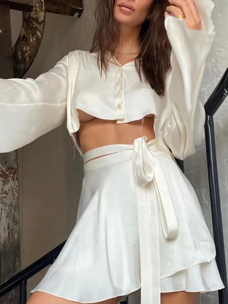 White Elegant Satin 2 Two Piece Set Women Lantern Long Sleeves Crop Tops Cardigan Sexy High Waist Mini Tennis Sports Skirts 2021