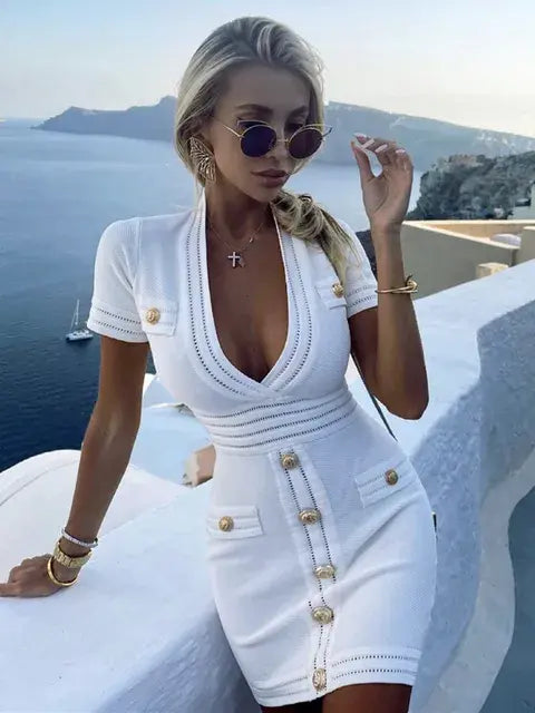 4 Colors Women Summer Sexy Designer White Black Bandage Dress 2022 Elegant Celebrity Button Mini Bodycon Party Dress Vestidos