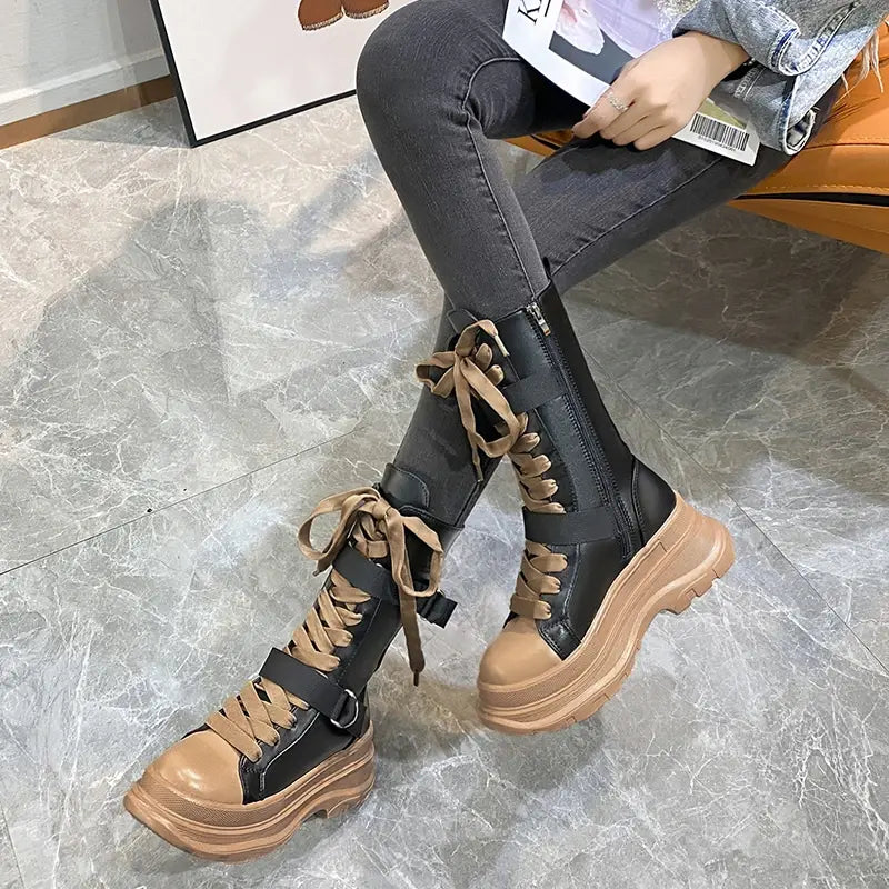 Stylis 2024 Cross Straps Female Platform Boots Autumn Winter Thick-soled Mid-tube Plus Velvet Ankle Boots Women