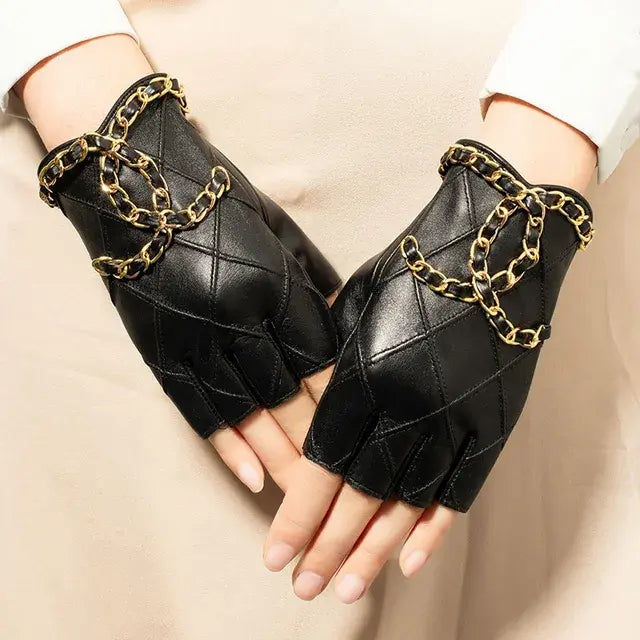 Womens Genuine Sheepskin Leather Fingerless Half-Finger Punk Driving Motorcycle Dress Gloves