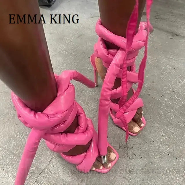 Summer Women Gladiator Sandals Cloth Rope Lace Up Strappy High Heel Sandalias Sexy Square Open Toe Stilettos Sandals Fow Woman's