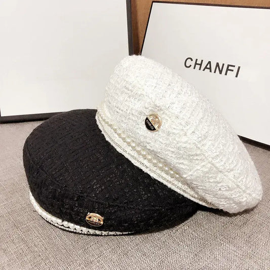 Autumn Luxury Design Pearl Chain Women's Beret Cotton Linen M Letter Casual Painter Hat Winter French Berets Hat Cap for Women