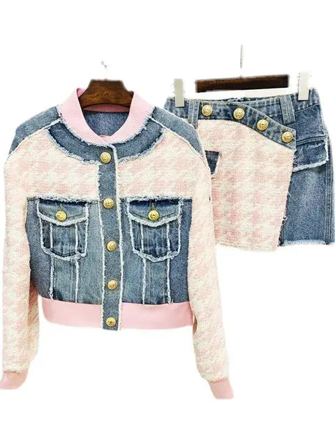 Newest 2024 Designer Suit Set Women's Lion Buttons Houndstooth Tweed Denim Patchwork Tassel Fringed Jacket Mini Skirt Set 2PCS