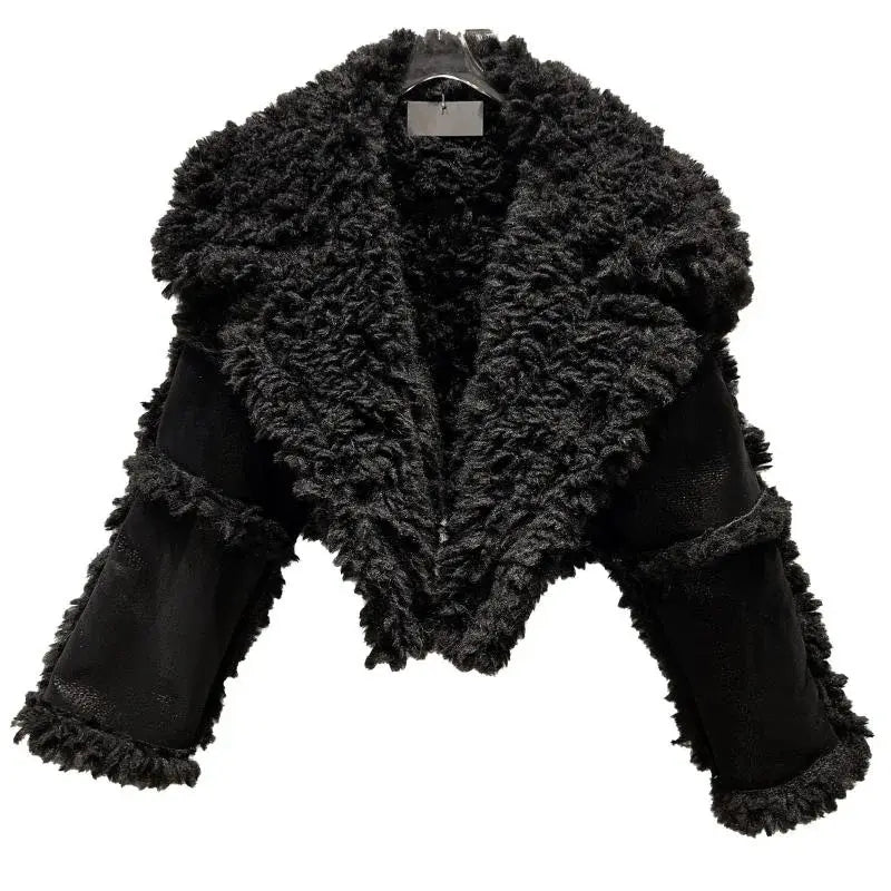 PREPOMP 2022 Winter New Collection Long Sleeve Big Turn Down Collar Faux Fur Leather Black Pu Jacket Women Blazer Coat GH141