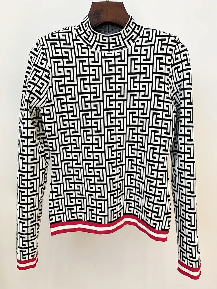 HIGH STREET Newest 2024 Designer Fashion Women Color Block Ribbons Geometric Monogram Jacquard Knit Pullover Sweater