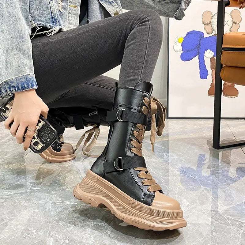 Stylis 2024 Cross Straps Female Platform Boots Autumn Winter Thick-soled Mid-tube Plus Velvet Ankle Boots Women