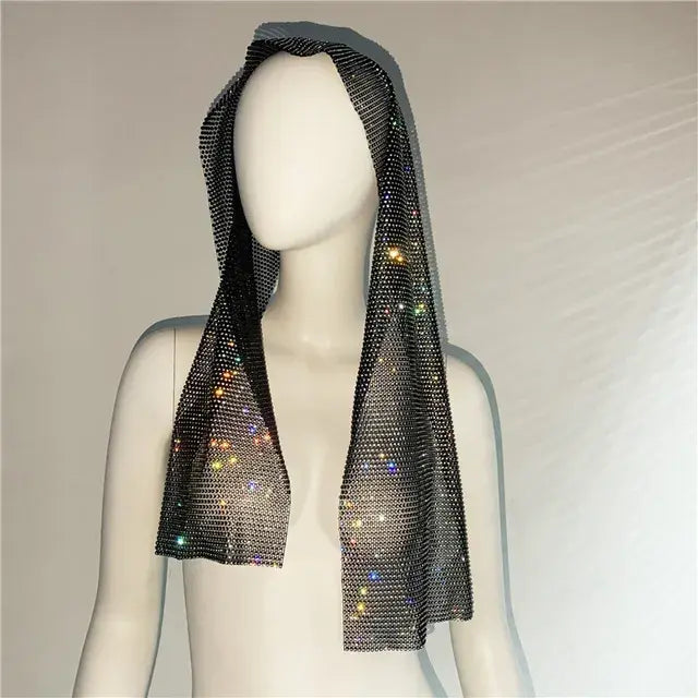 FestivalQueen Shiny Diamonds See Through Fishnet Headscarf Hollow Out Glitter Rhinestone Black Head Top Nightclub Party Fashion