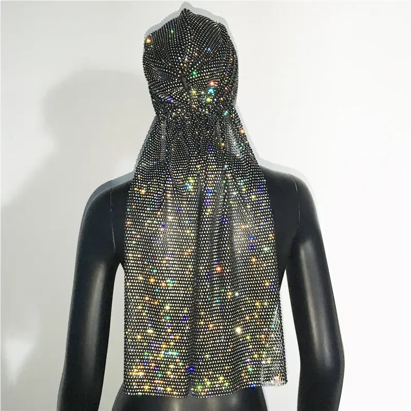 FestivalQueen Shiny Diamonds See Through Fishnet Headscarf Hollow Out Glitter Rhinestone Black Head Top Nightclub Party Fashion