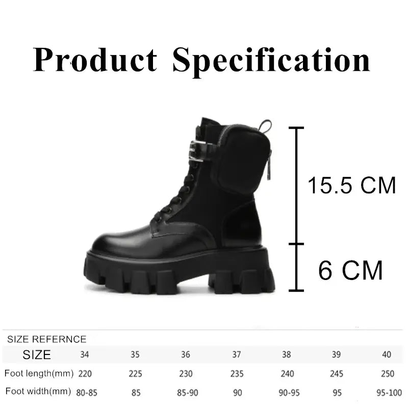 Black Punk Ankle Thick-soled Motorcycle Ankle Boots Women's Lace-up Spring Thick Heel Belt Buckle Pocket Designer Chunky Shoes