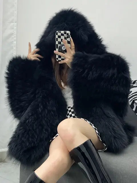 Lautaro Winter Shaggy Hairy Thick Warm Soft Colored Faux Fur Jacket Women with Hood Bat Sleeved Loose Casual Designer Clothes