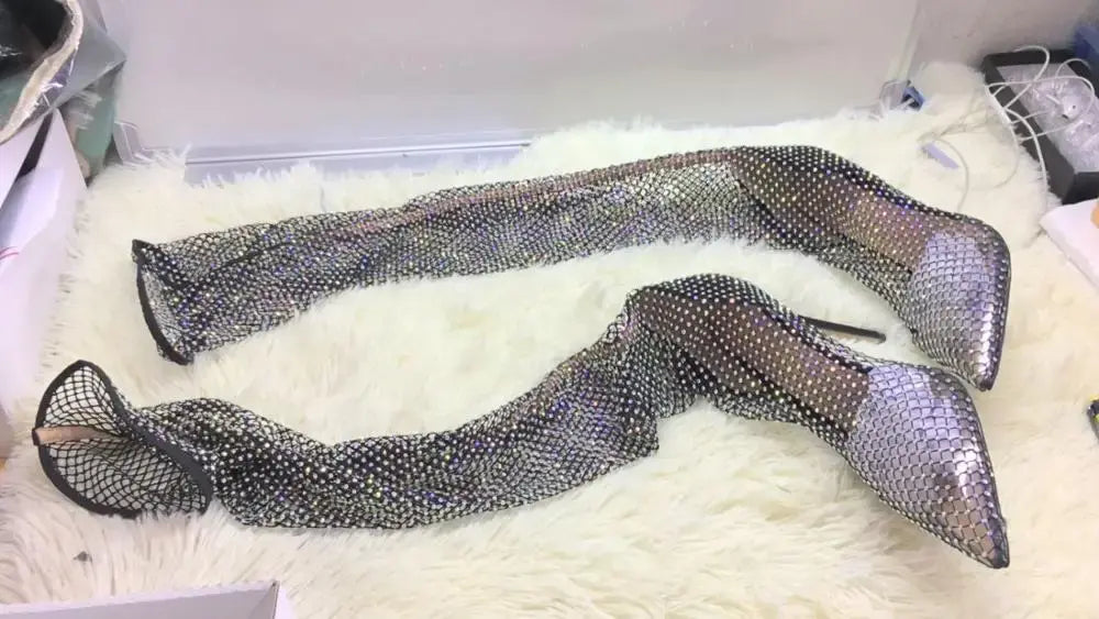 Hot Woman Black Bling Bling PVC Clear Sequins Diamond Fishnet Cuts Out Pointed Toe Heel-Strap Over The Knee Thigh Socks Boots