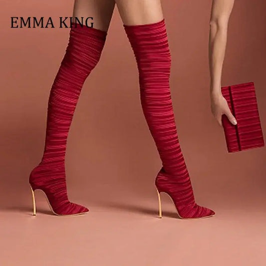 2020 Comfortable Stretch Fabric Sock Boots 12cm Metal Heels Over the Knee Thigh High Boots Sexy Point toe Stilettos Long Botas