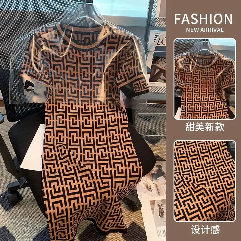 Vintage Elegant Jacquard Knitted Pencil Dress Women 2023 Summer Korean Fashion Ladies Slim Short Sleeve Round Neck Vestido Femme