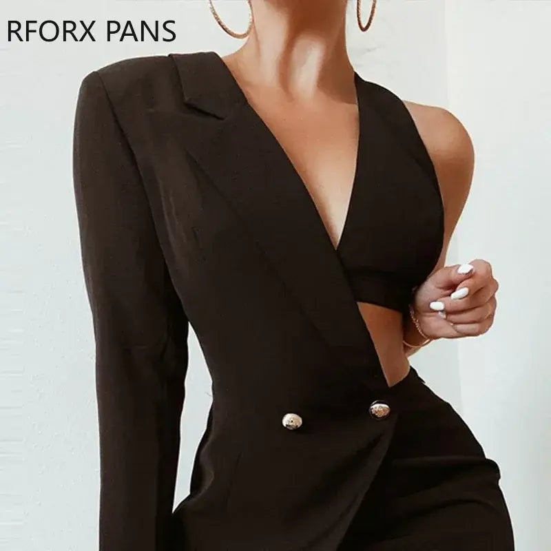 Women Solid One Shoulder Bodycon Midriff Party Blazer Dress