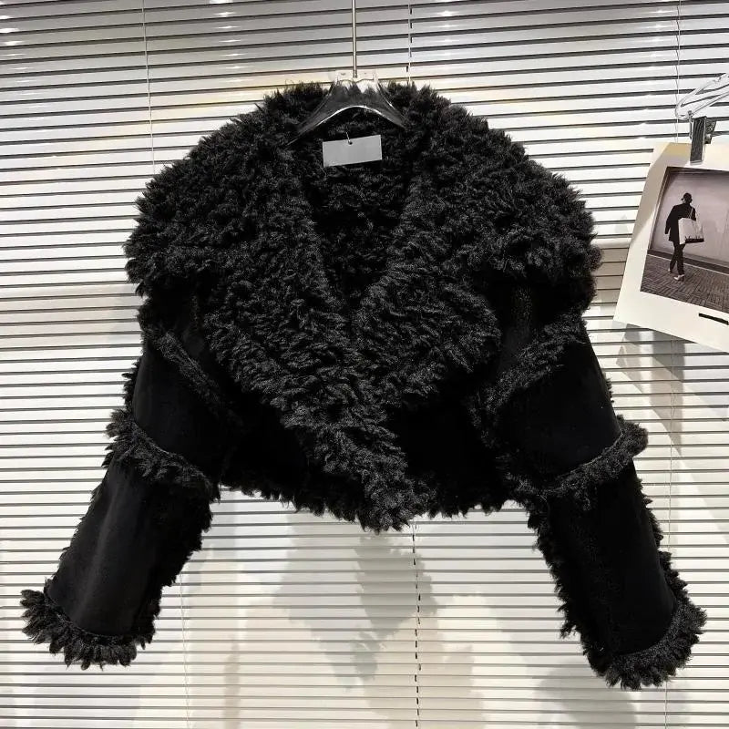 PREPOMP 2022 Winter New Collection Long Sleeve Big Turn Down Collar Faux Fur Leather Black Pu Jacket Women Blazer Coat GH141