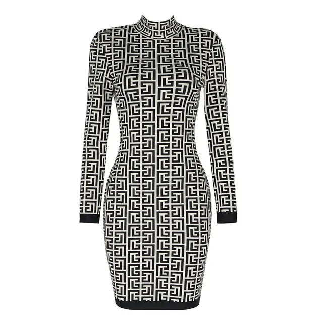 PB Chic Geometric Jacquard Mini Dress Sexy Women Long Sleeve Rayon Bandage Dress Elegant Evening Party Dress Vestidos