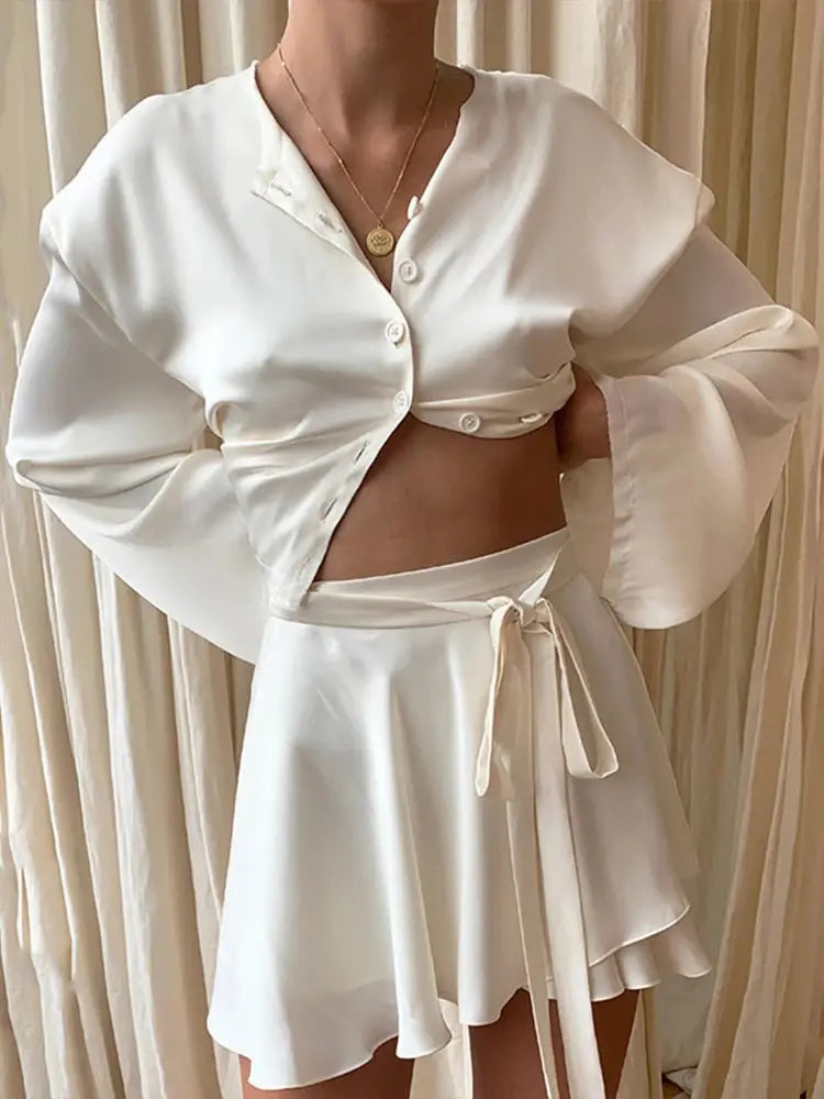 White Elegant Satin 2 Two Piece Set Women Lantern Long Sleeves Crop Tops Cardigan Sexy High Waist Mini Tennis Sports Skirts 2021