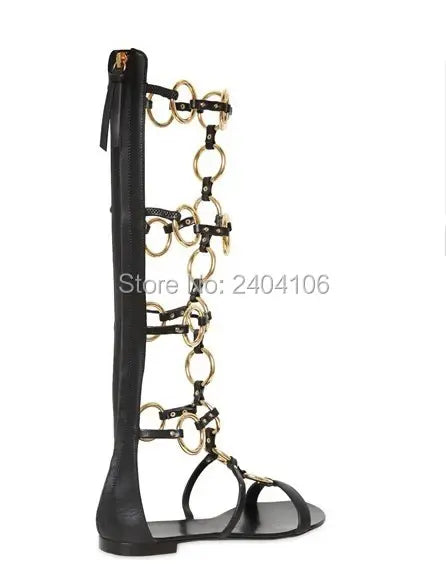 Botas Mujer Black Leather Knee High Booties Cut Outs Summer Boots Gold Metal Rings Studded Shoes Woman Gladiator Flat Sandals