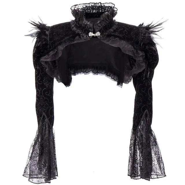 Black Victorian Gothic Bolero Women Jacket with Feathers Stand Collar Long Sleeve Lace and Corduroy Jackets Jaqueta Feminina